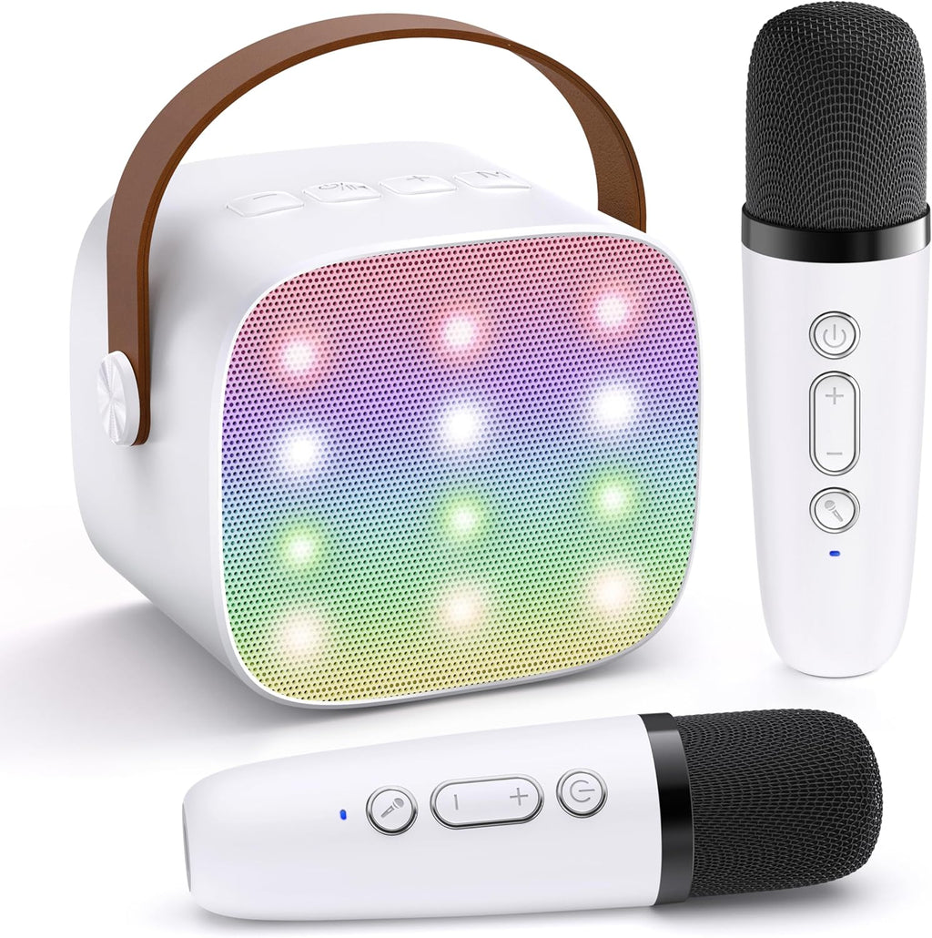 Mini-machine de karaoké portable avec enceinte Bluetooth et 2 microphones sans fil – Veylo | Euroselle