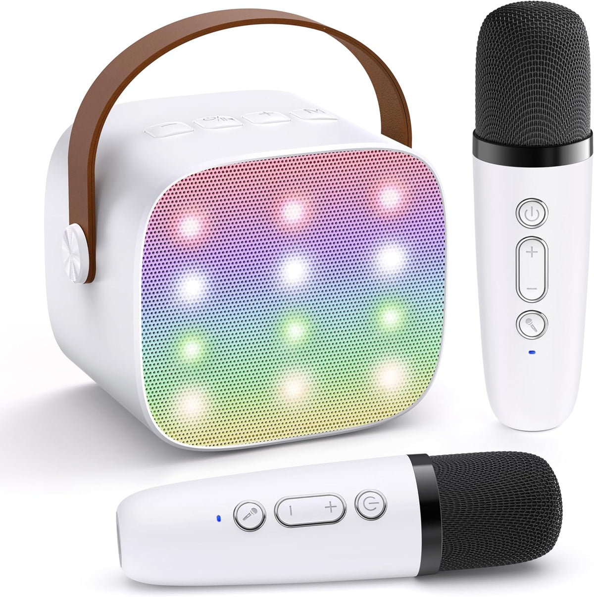 Mini-machine de karaoké portable avec enceinte Bluetooth et 2 microphones sans fil – Veylo | Euroselle