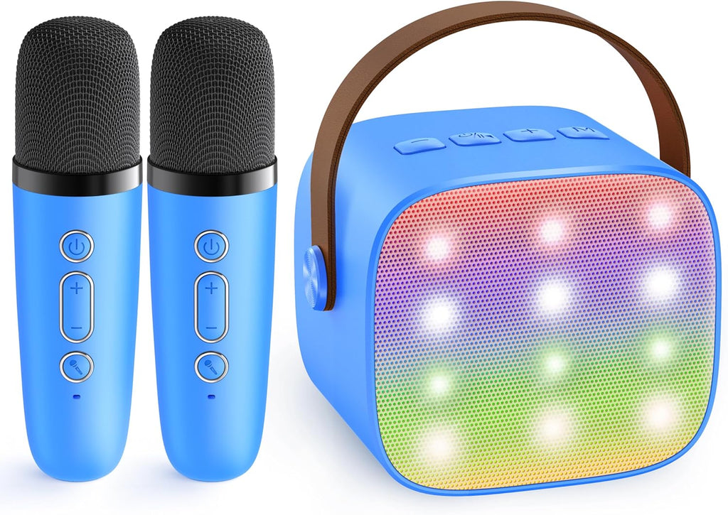 Mini-machine de karaoké portable avec enceinte Bluetooth et 2 microphones sans fil – Veylo | Euroselle