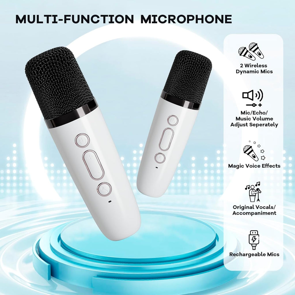 Mini-machine de karaoké portable avec enceinte Bluetooth et 2 microphones sans fil – Veylo | Euroselle