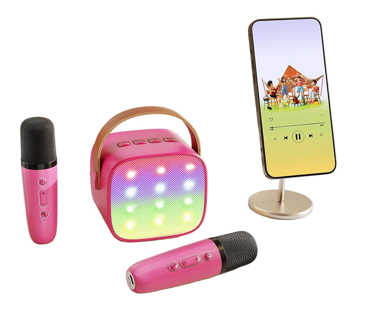Mini-machine de karaoké portable avec enceinte Bluetooth et 2 microphones sans fil – Veylo | Euroselle