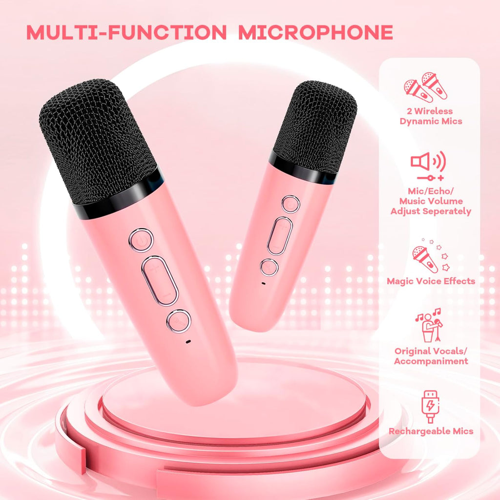 Mini-machine de karaoké portable avec enceinte Bluetooth et 2 microphones sans fil – Veylo | Euroselle