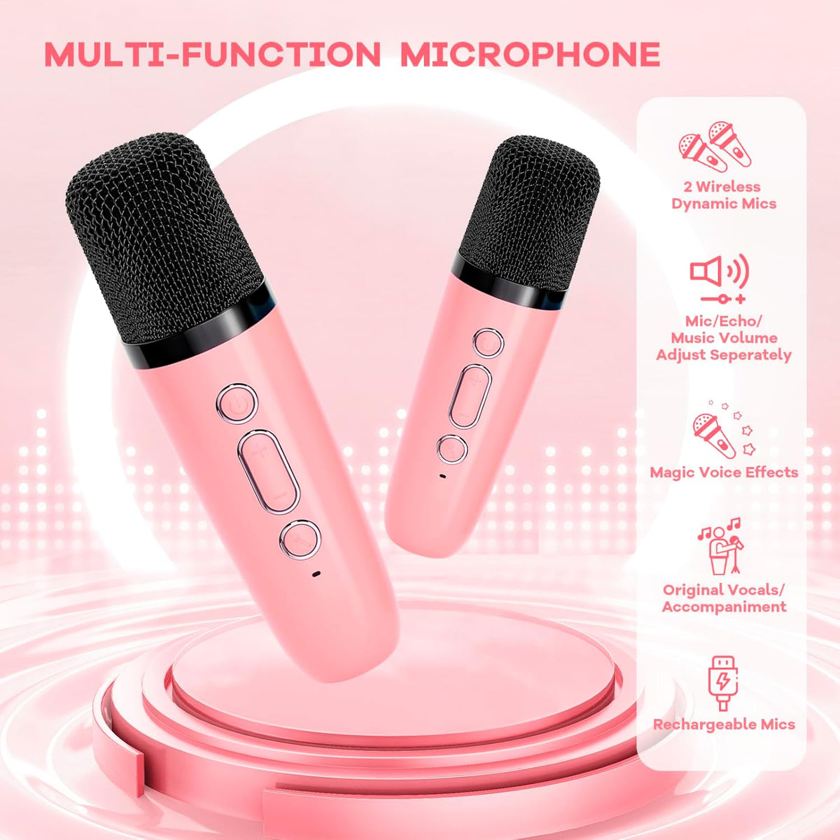 Mini-machine de karaoké portable avec enceinte Bluetooth et 2 microphones sans fil – Veylo | Euroselle