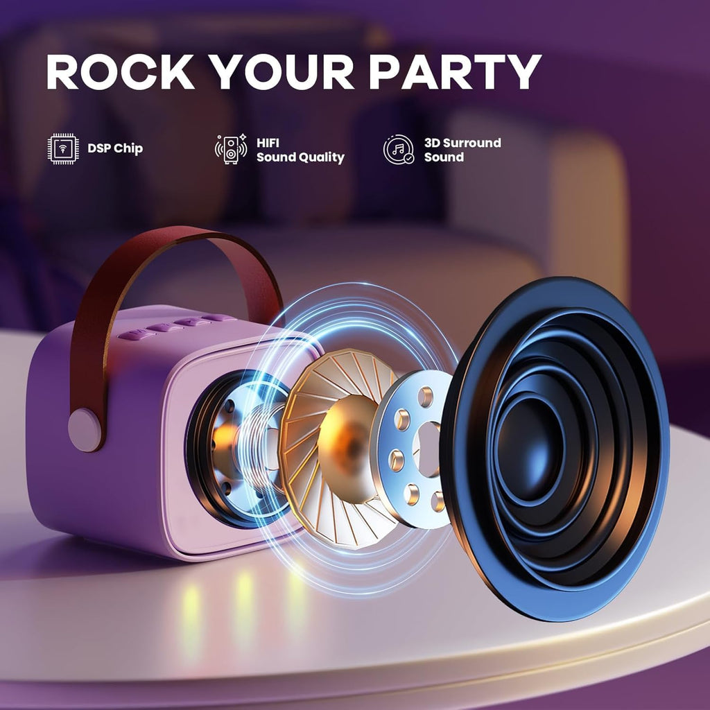 Mini-machine de karaoké portable avec enceinte Bluetooth et 2 microphones sans fil – Veylo | Euroselle