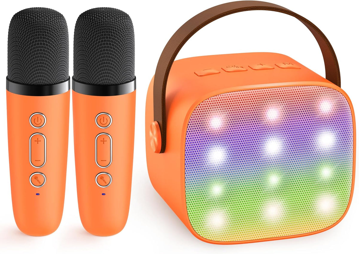 Mini-machine de karaoké portable avec enceinte Bluetooth et 2 microphones sans fil – Veylo | Euroselle