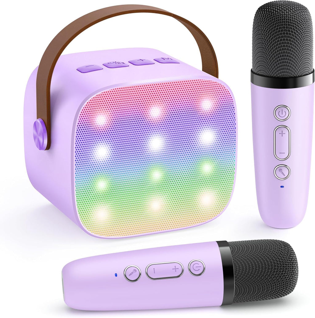 Mini-machine de karaoké portable avec enceinte Bluetooth et 2 microphones sans fil – Veylo | Euroselle