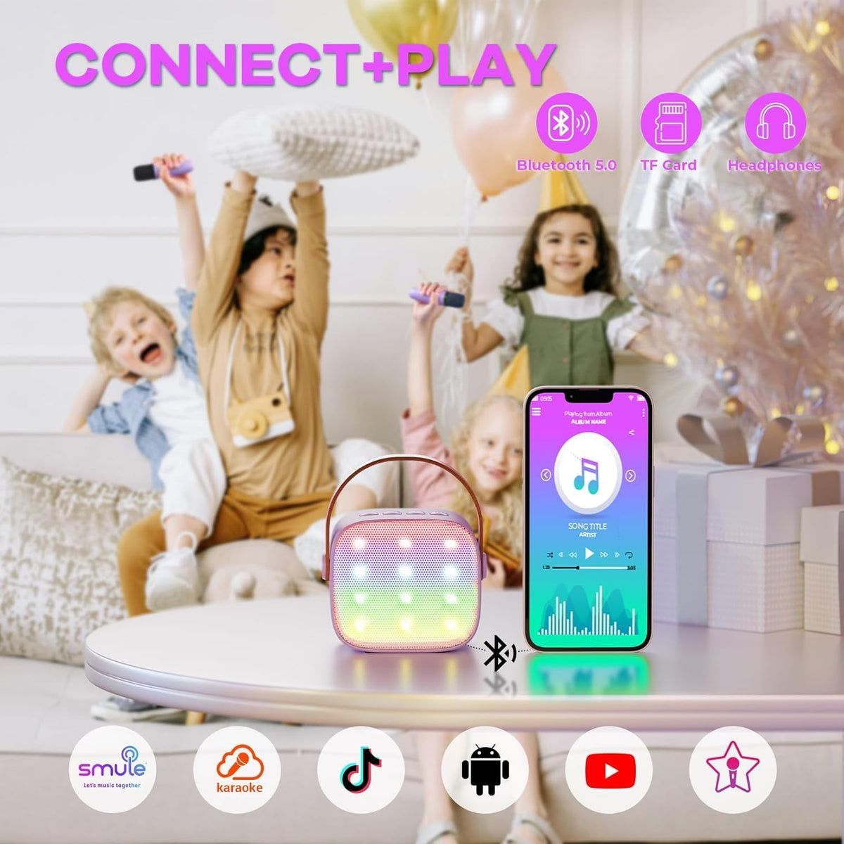 Mini-machine de karaoké portable avec enceinte Bluetooth et 2 microphones sans fil – Veylo | Euroselle