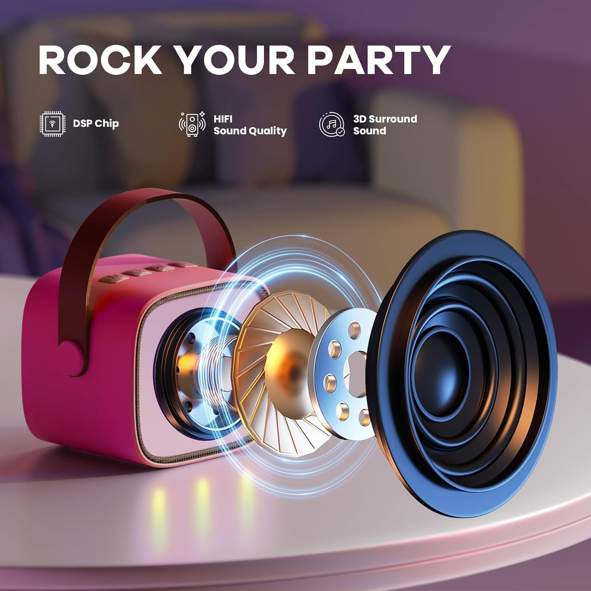Mini-machine de karaoké portable avec enceinte Bluetooth et 2 microphones sans fil – Veylo | Euroselle