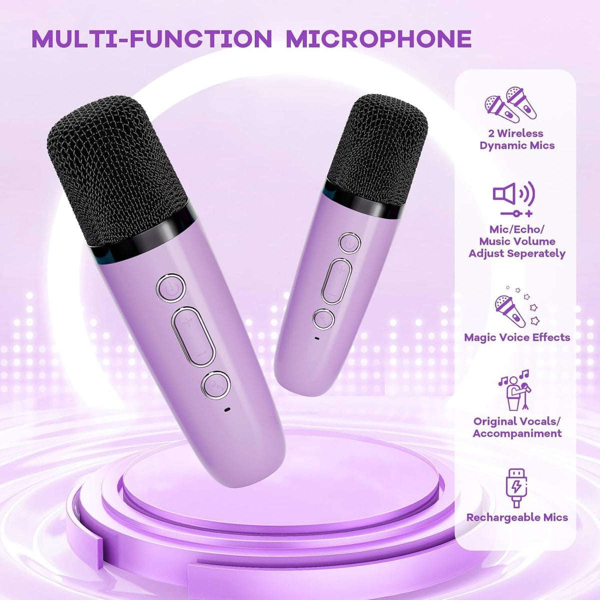Mini-machine de karaoké portable avec enceinte Bluetooth et 2 microphones sans fil – Veylo | Euroselle