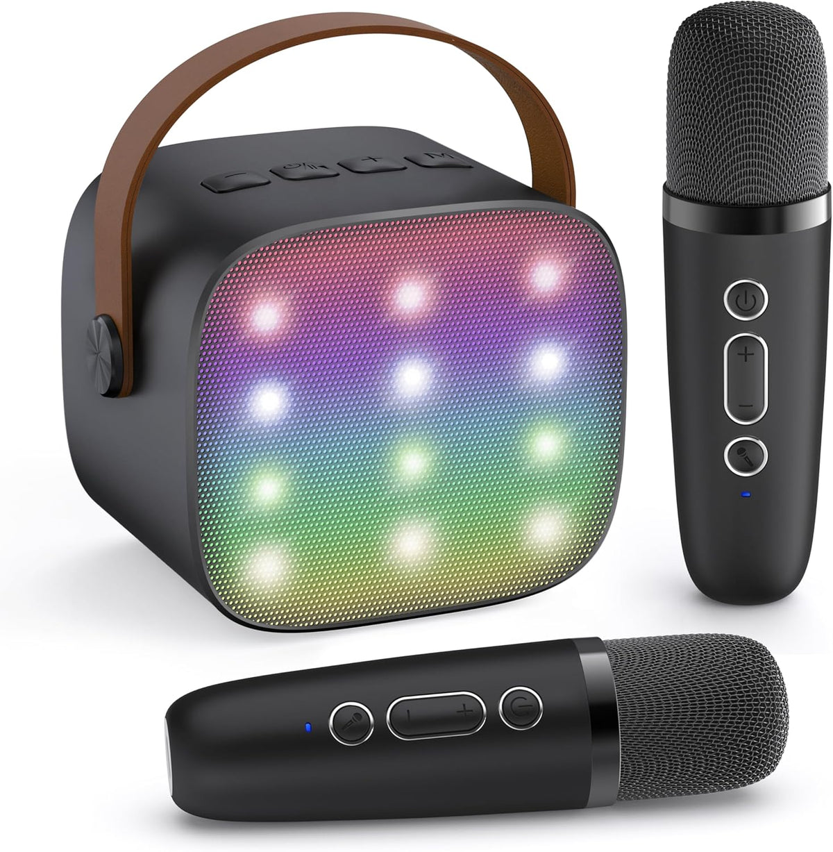 Mini-machine de karaoké portable avec enceinte Bluetooth et 2 microphones sans fil – Veylo | Euroselle