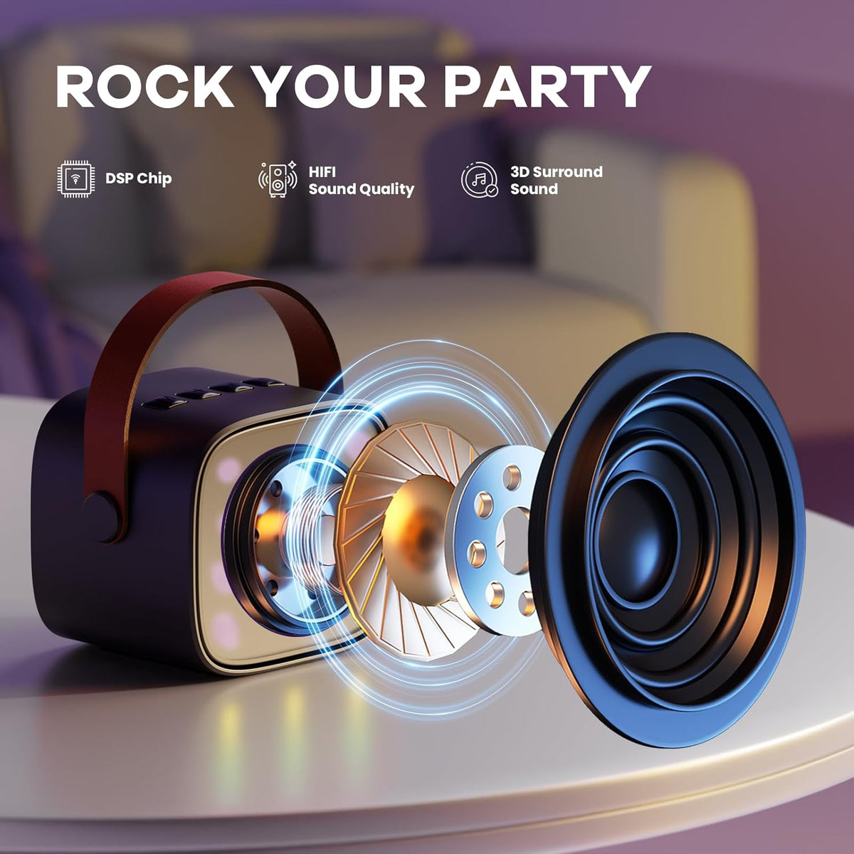 Mini-machine de karaoké portable avec enceinte Bluetooth et 2 microphones sans fil – Veylo | Euroselle
