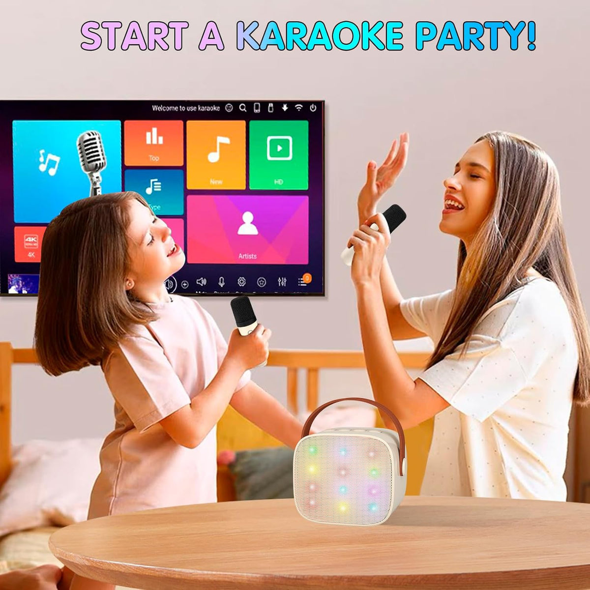 Mini-machine de karaoké portable avec enceinte Bluetooth et 2 microphones sans fil – Veylo | Euroselle