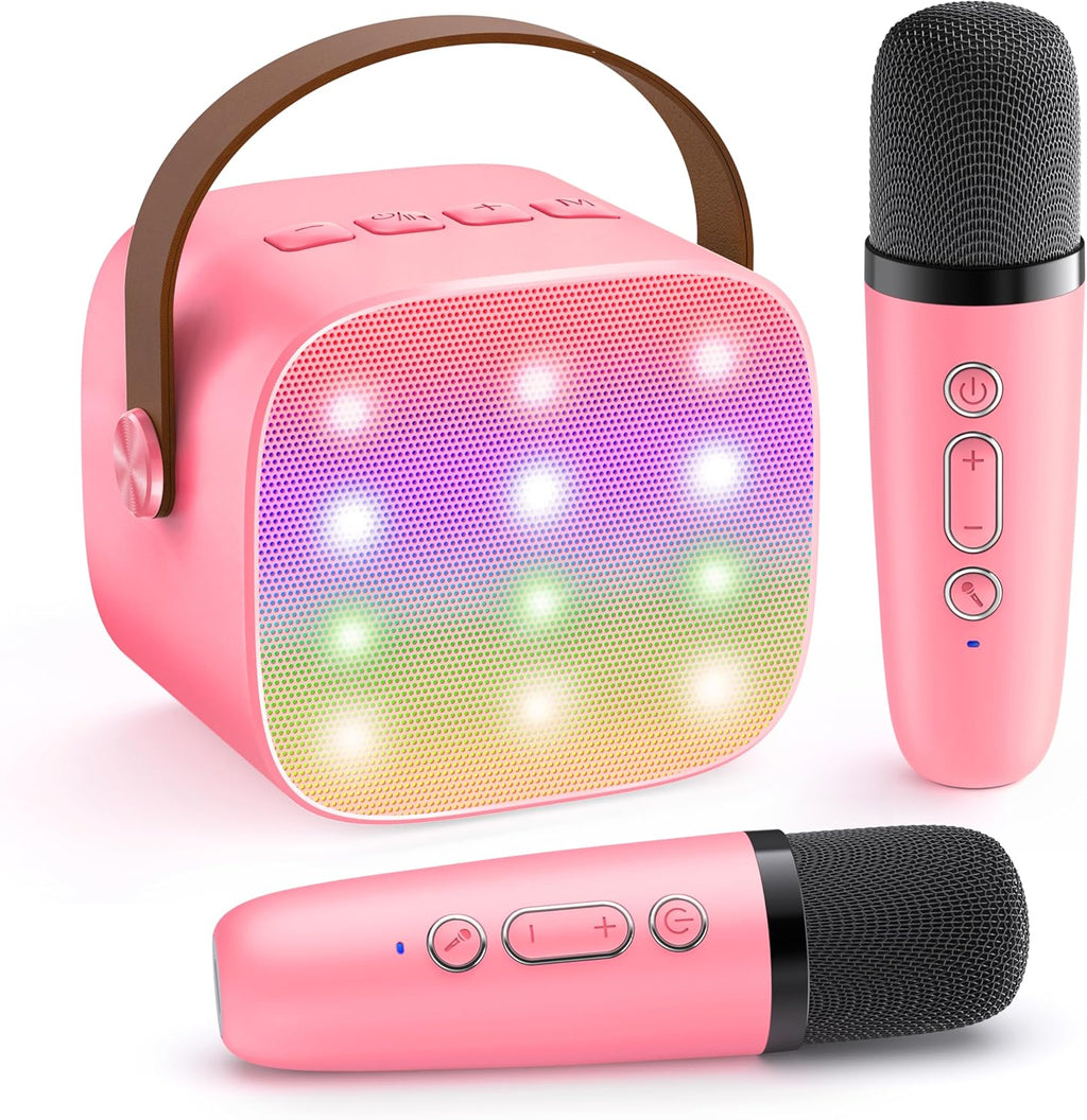 Mini-machine de karaoké portable avec enceinte Bluetooth et 2 microphones sans fil – Veylo | Euroselle