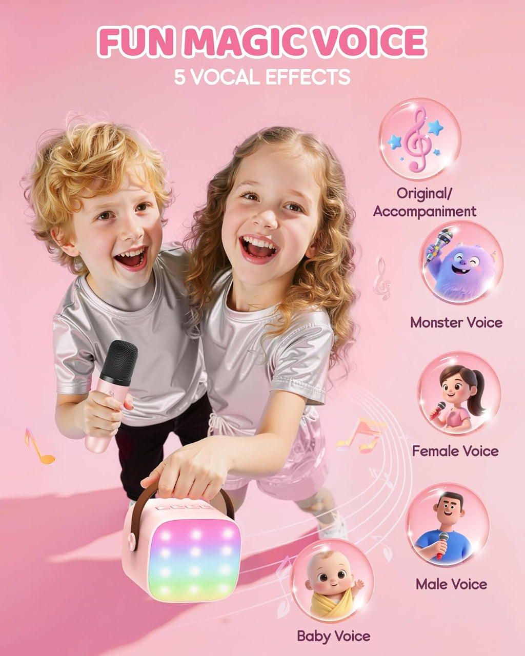 Mini-machine de karaoké portable avec enceinte Bluetooth et 2 microphones sans fil – Veylo | Euroselle
