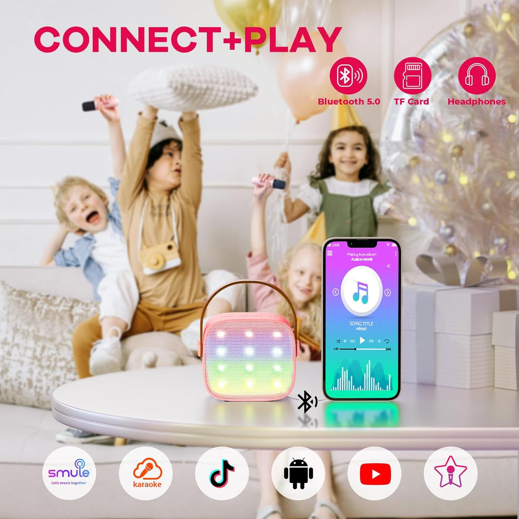 Mini-machine de karaoké portable avec enceinte Bluetooth et 2 microphones sans fil – Veylo | Euroselle