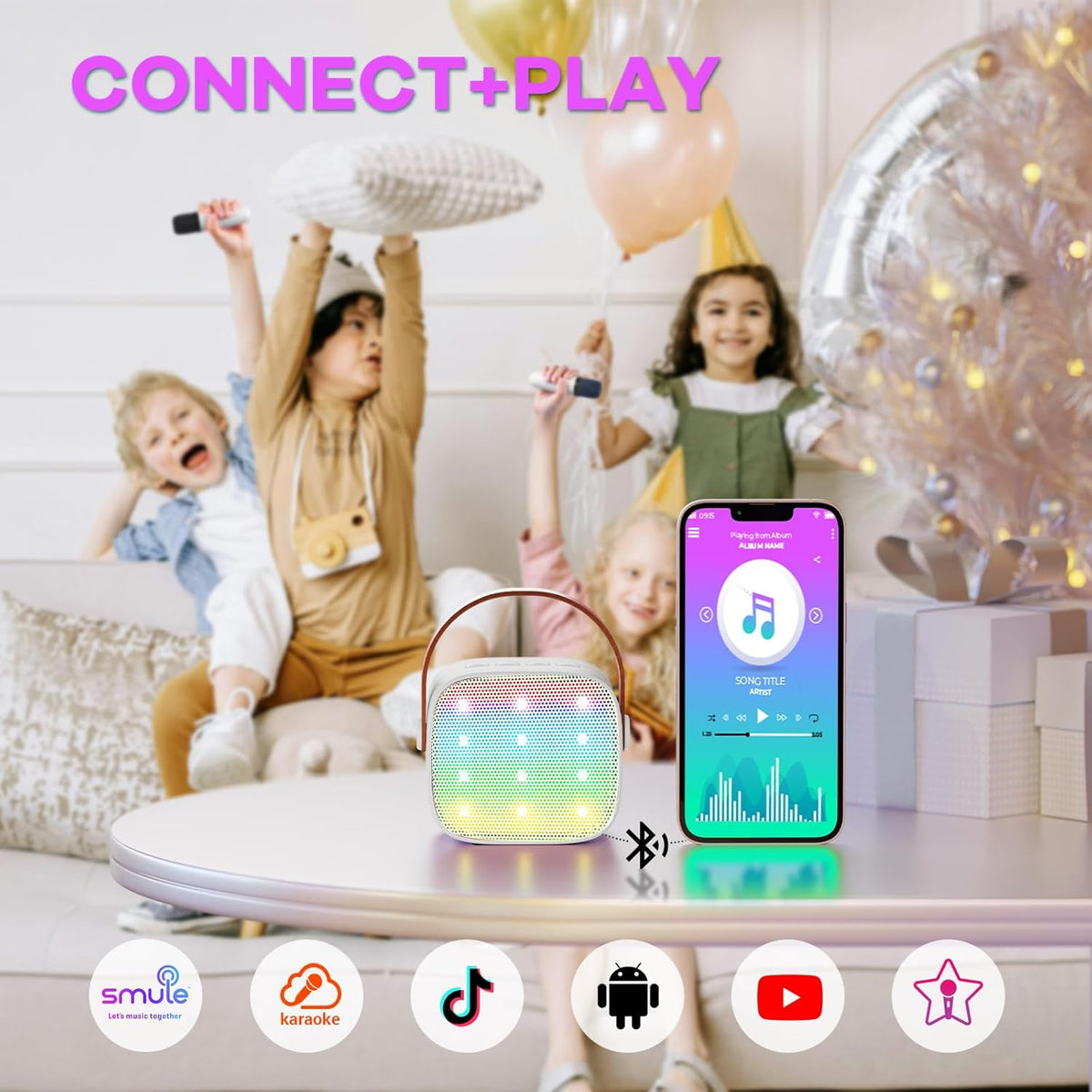 Mini-machine de karaoké portable avec enceinte Bluetooth et 2 microphones sans fil – Veylo | Euroselle