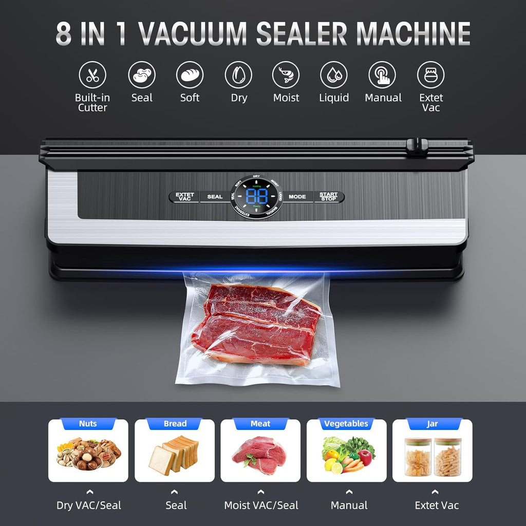 Scelleuse sous vide professionnelle 8-en-1 | Cutter de précision intégré | Modes pour aliments secs et humides | Système de scellage hermétique à LED | Comprend 15 sacs sous vide | Euroselle