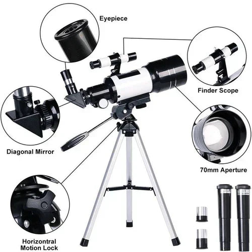 Professzionális csillagászati távcső | 70 mm-es apertúra, 300 mm-es fókusztávolság és egyszerű beállítás csillagászathoz és természetmegfigyeléshez | Euroselle