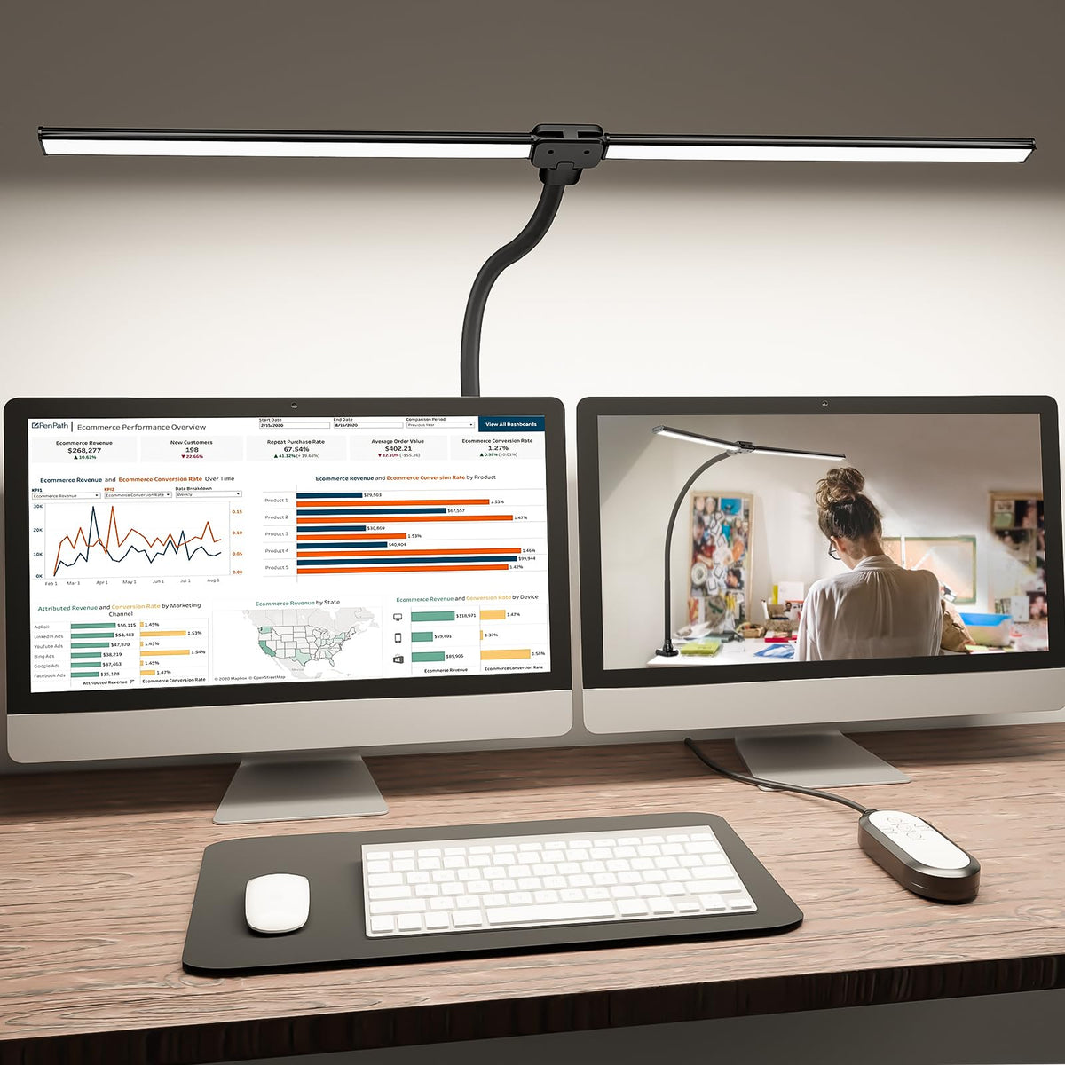 Shinetech LED-skrivebordslampe til hjemmekontoret, 4000 K neutralhvid arkitektarbejdslampe med dobbelt lampehoved og klemme, dæmpbar og justerbar | Euroselle
