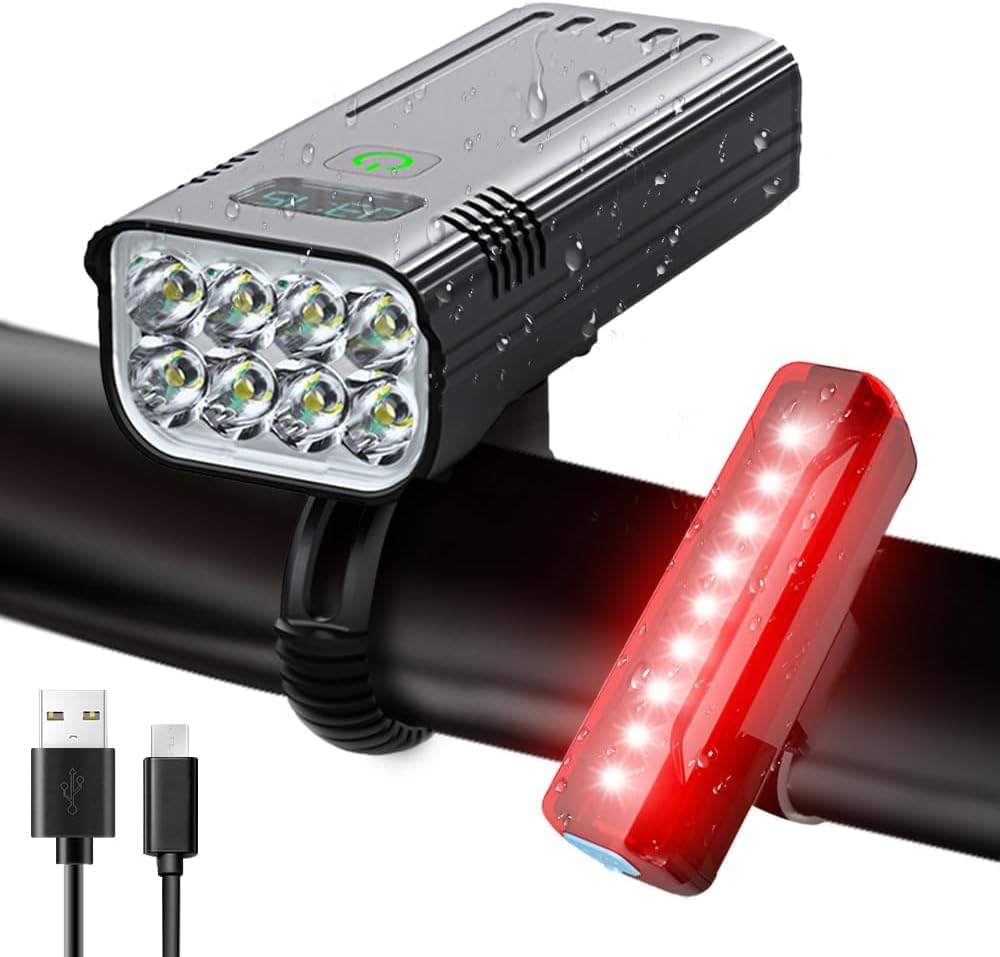 Victoper 8000ルーメン自転車ライトセット、8個のLED USB充電式フロント＆リアライト、マットブラック｜Euroselle