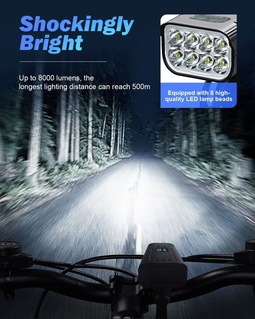 Victoper 8000ルーメン自転車ライトセット、8個のLED USB充電式フロント＆リアライト、マットブラック｜Euroselle