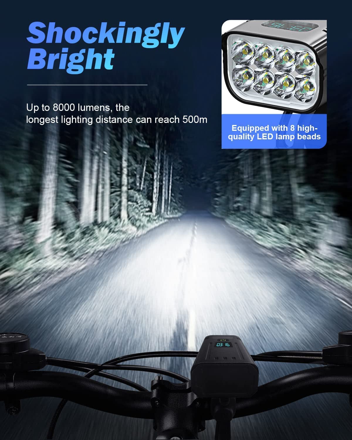 Victoper 8000ルーメン自転車ライトセット、8個のLED USB充電式フロント＆リアライト、マットブラック｜Euroselle