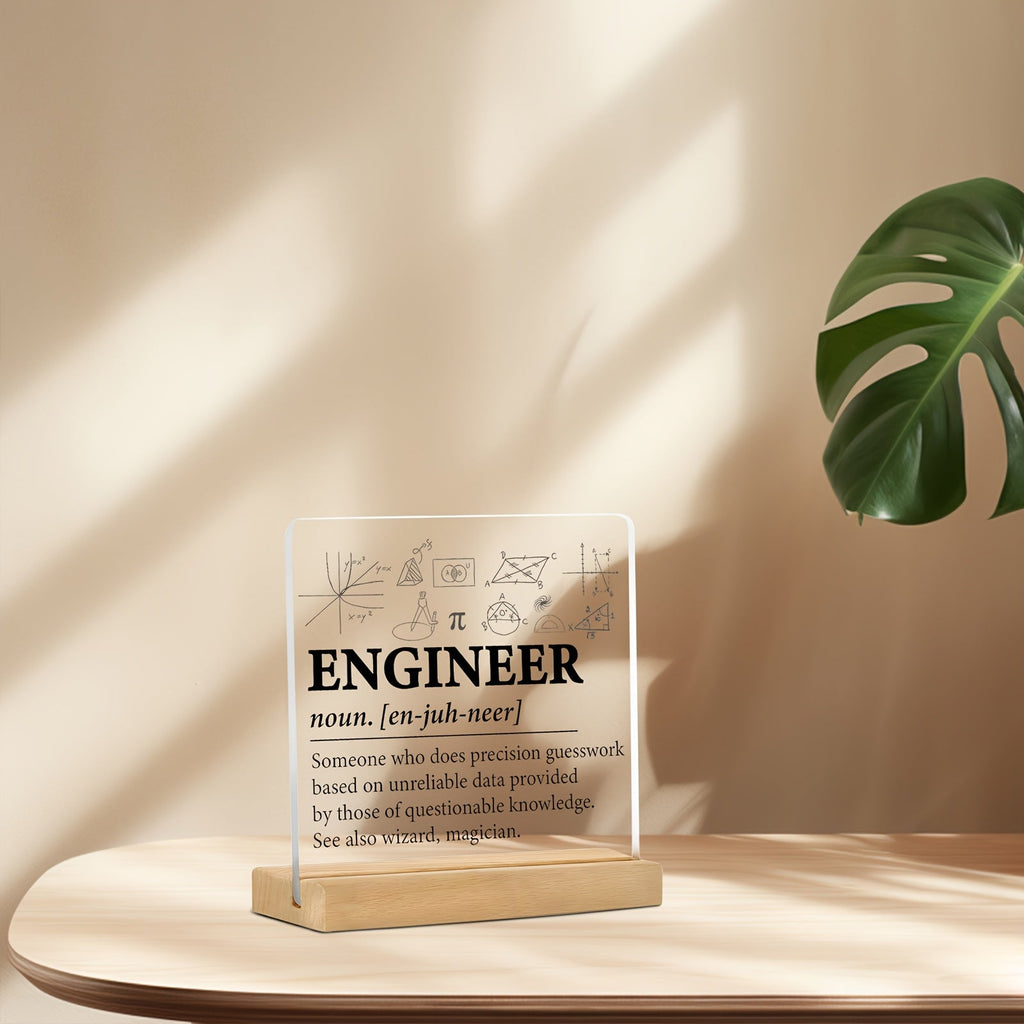 Minimalistisches flaches Acryl-Namensschild mit Holzständer für Schreibtisch- & Regalgestaltung - Euroselle