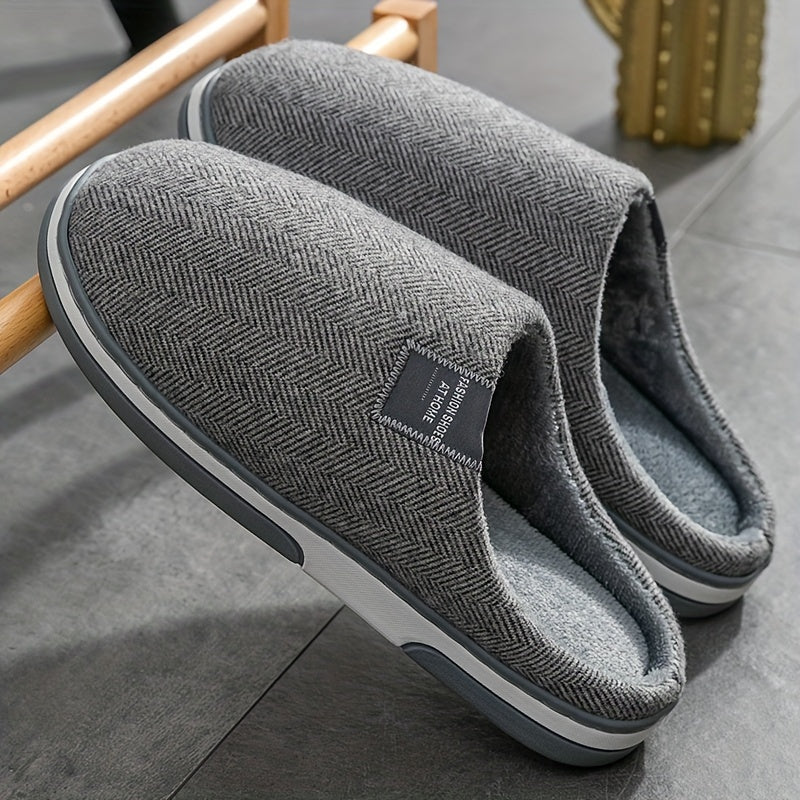 Men's Plush Herringbone Slippers — Warm Non-Slip House Shoes