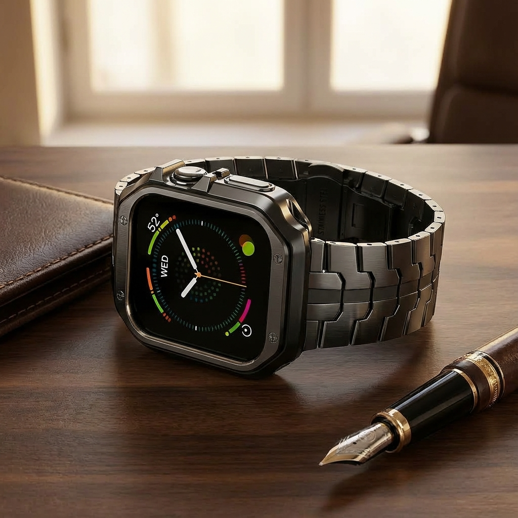 Metalrem i titanlook med led og pansercover til Apple Watch