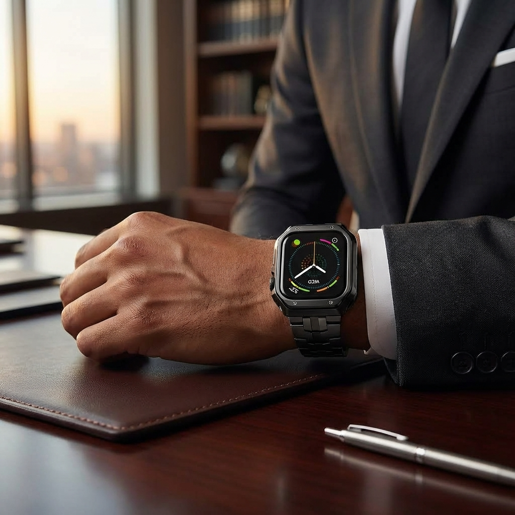 Metalrem i titanlook med led og pansercover til Apple Watch