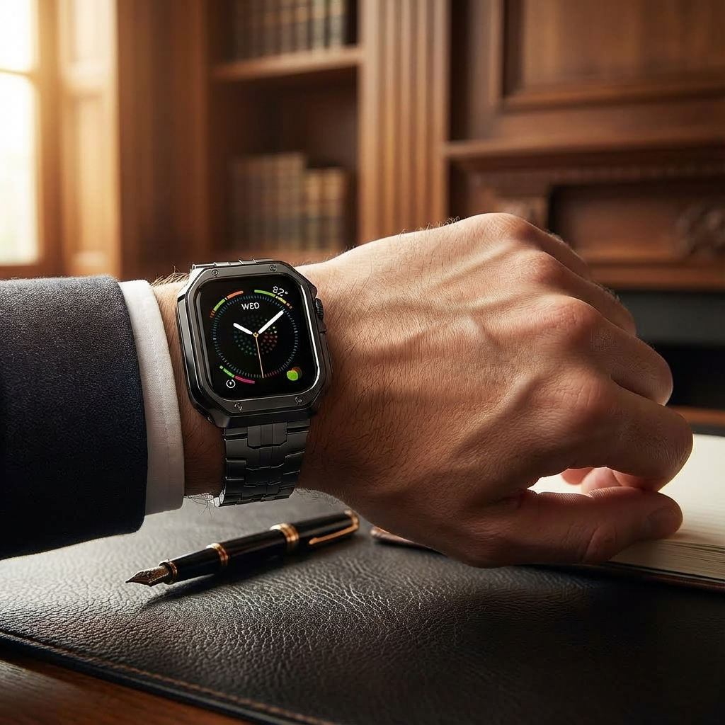 Metalrem i titanlook med led og pansercover til Apple Watch