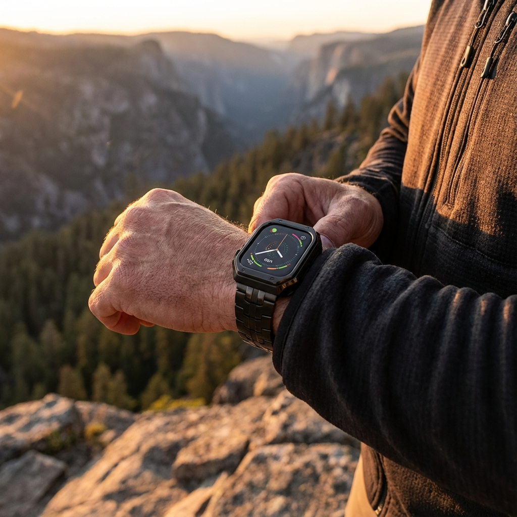 Metalrem i titanlook med led og pansercover til Apple Watch