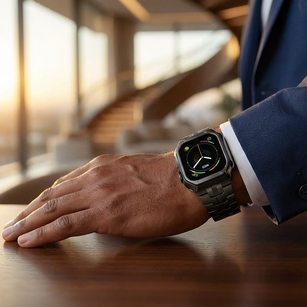 Metalrem i titanlook med led og pansercover til Apple Watch