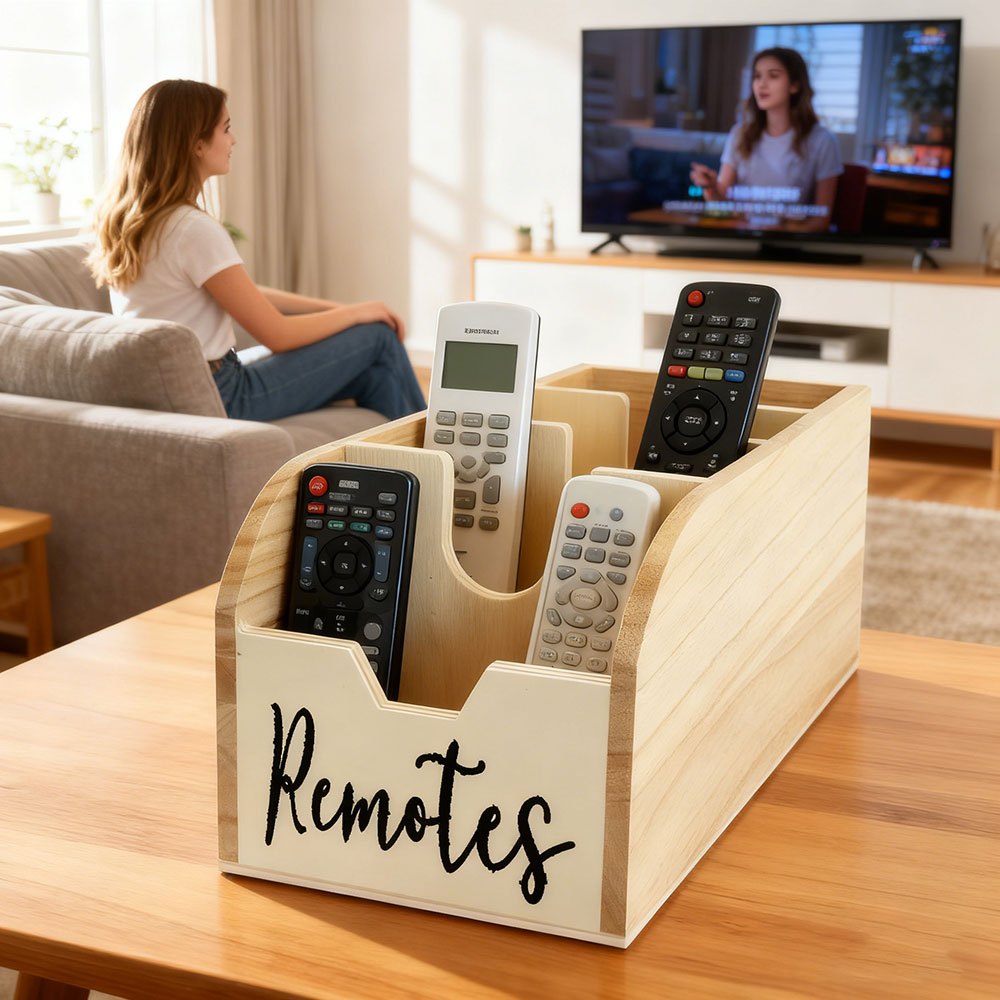 4-Compartment Wooden Remote Organizer Box | No Electricity Needed - Euroselle