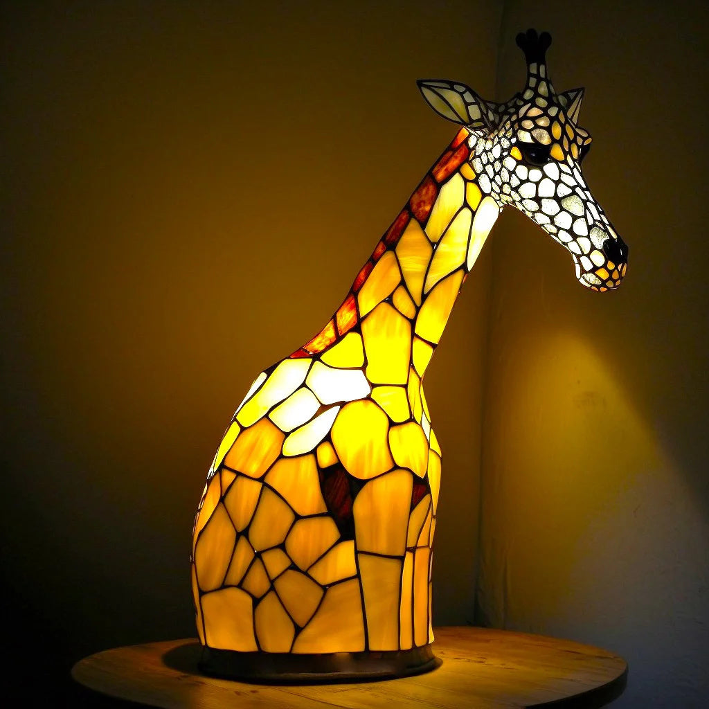 Stolní lampa se zvířecím motivem z barevného skla a LED světlem měnícím barvy – ručně vyráběný kovový a skleněný doplněk do ložnice, obývacího pokoje a dětského pokoje | Thomler
