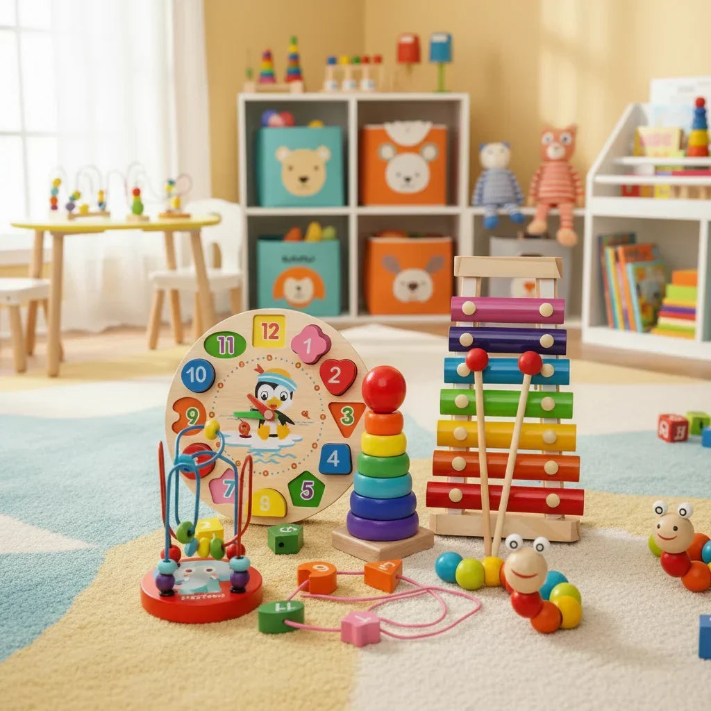 Cubo de actividades de madera para bebés — 5 zonas, habilidades motoras finas, a partir de 6 meses