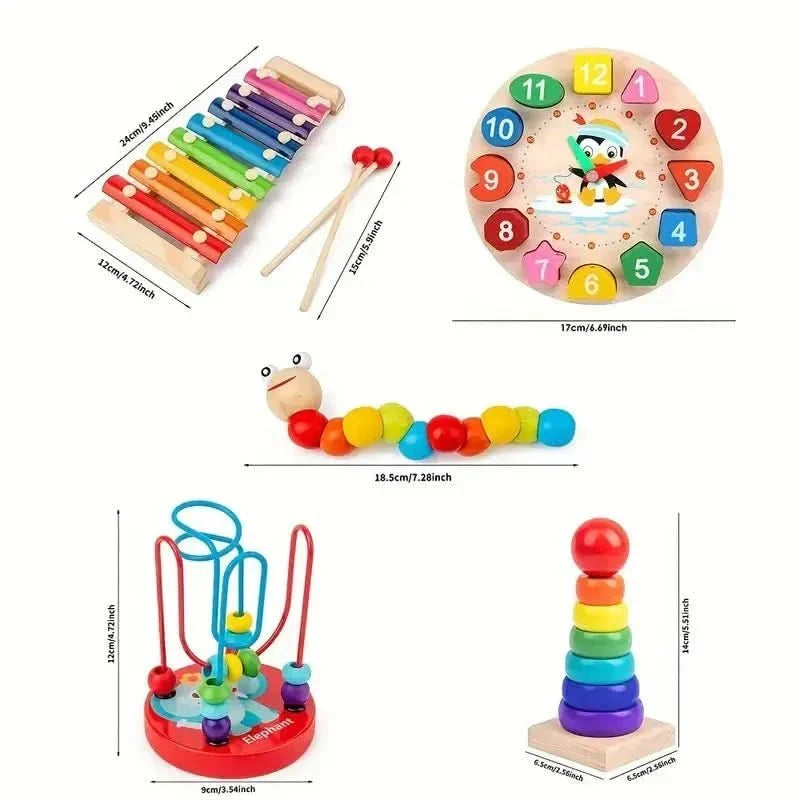 Cubo de actividades de madera para bebés — 5 zonas, habilidades motoras finas, a partir de 6 meses