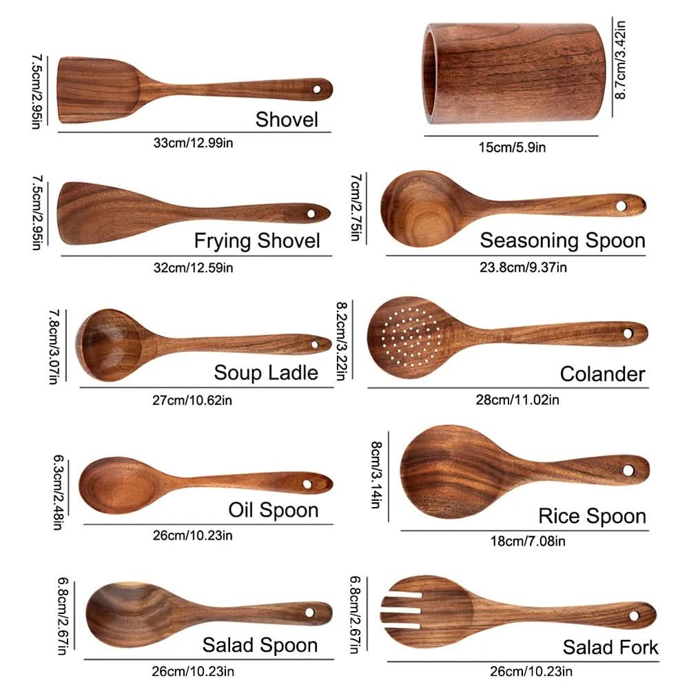 10-Piece Natural Teak Kitchen Utensil Set — Non-Scratch Design