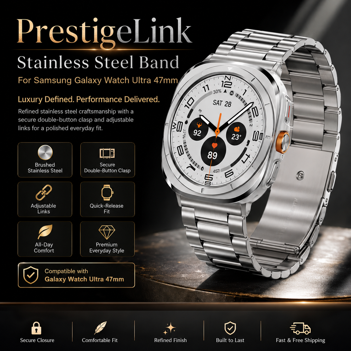 Samsung Galaxy Watch Ultra 47mm Strap – Stainless Steel, Adjustable