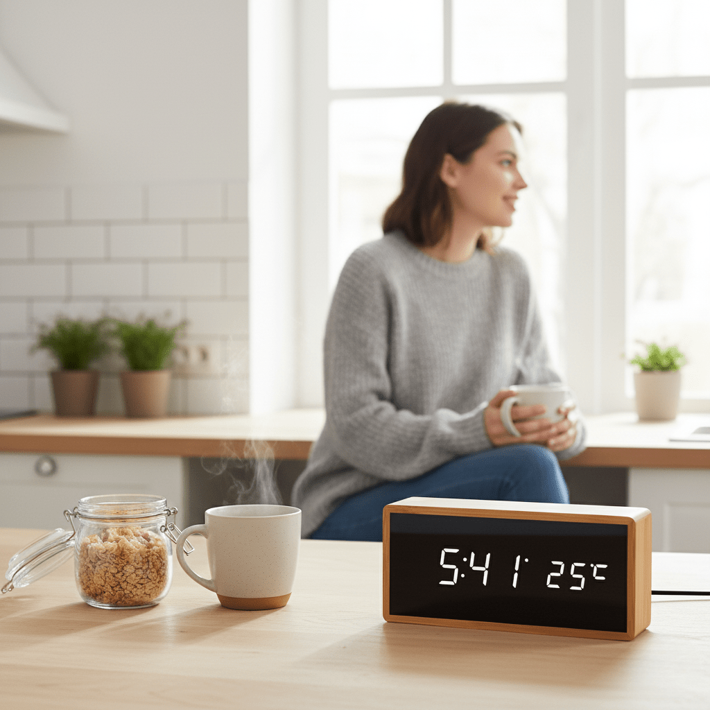 LumaWood minimalistisk bambusvekkerklokke – lyssterk LED-visning av tid og temperatur