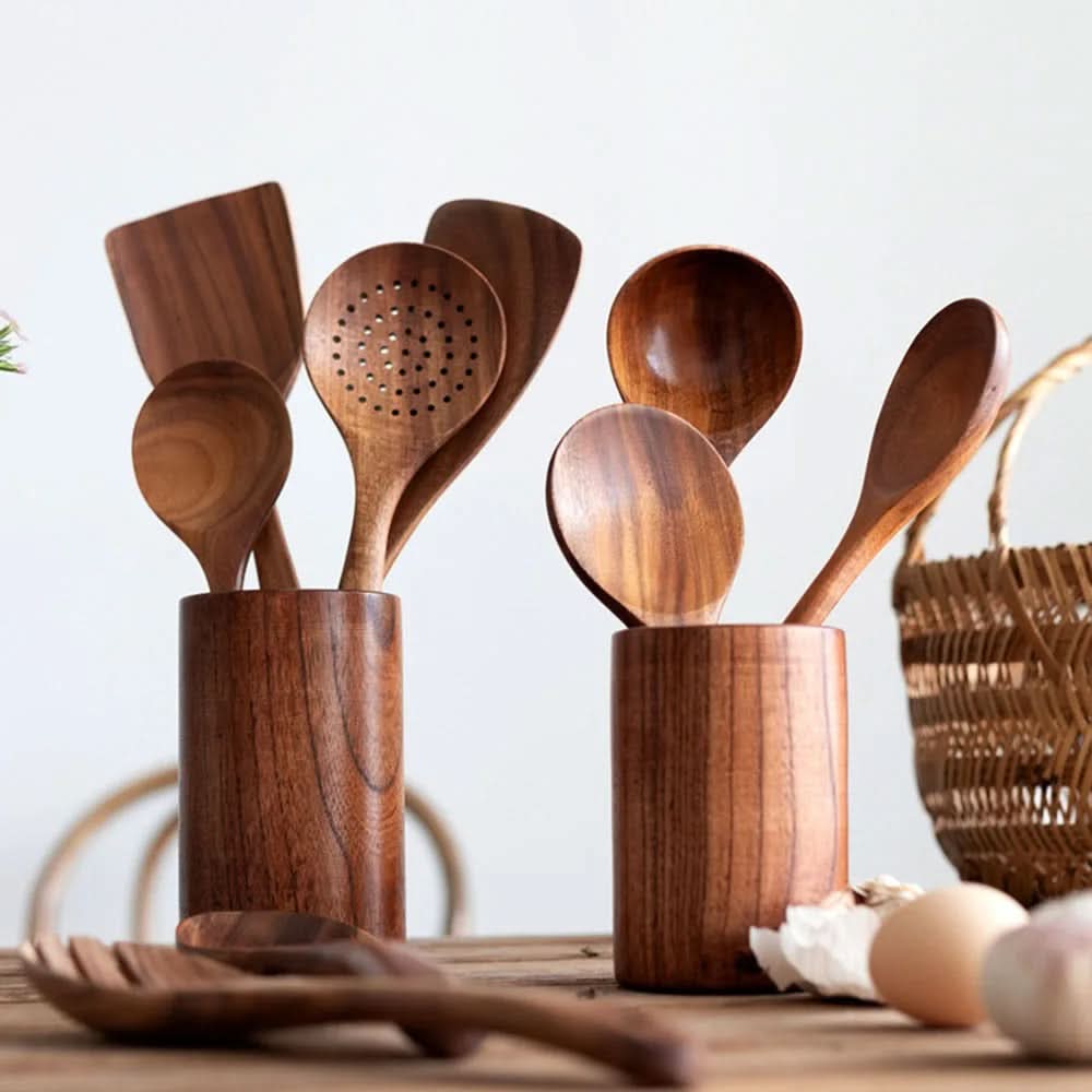 10-Piece Natural Teak Kitchen Utensil Set — Non-Scratch Design