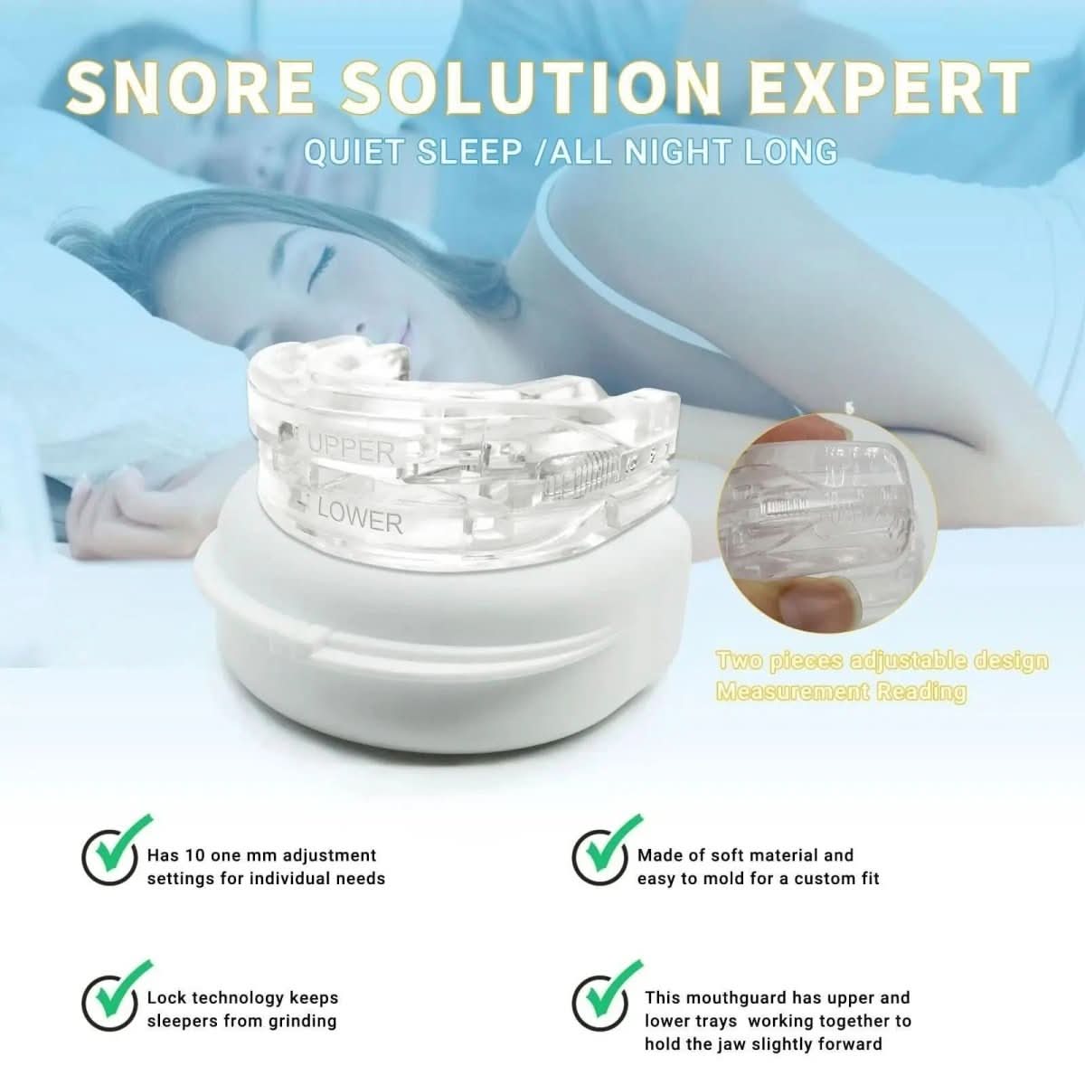 Dispositivo orale antirussamento NexSleep Guard — Design con avanzamento della mandibola inferiore, meccanismo per mantenere libere le vie aeree