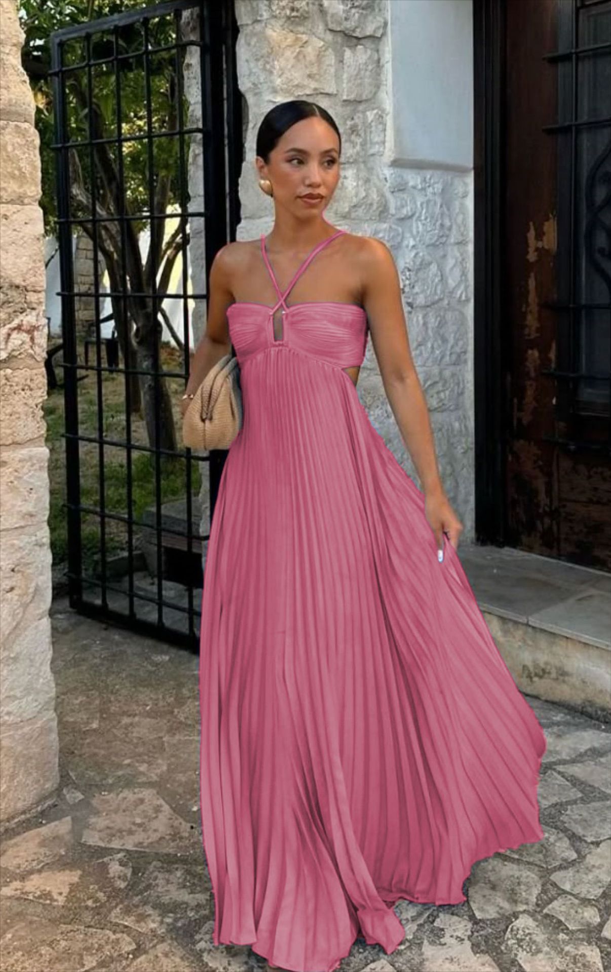 Robe tube plissée sans manches de couleur pure