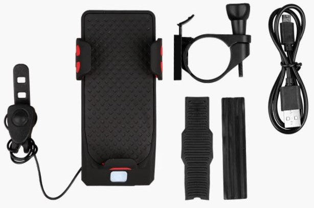 מתקן לסמארטפון לאופניים — מטען 4000mAh, תאורת LED וצופר