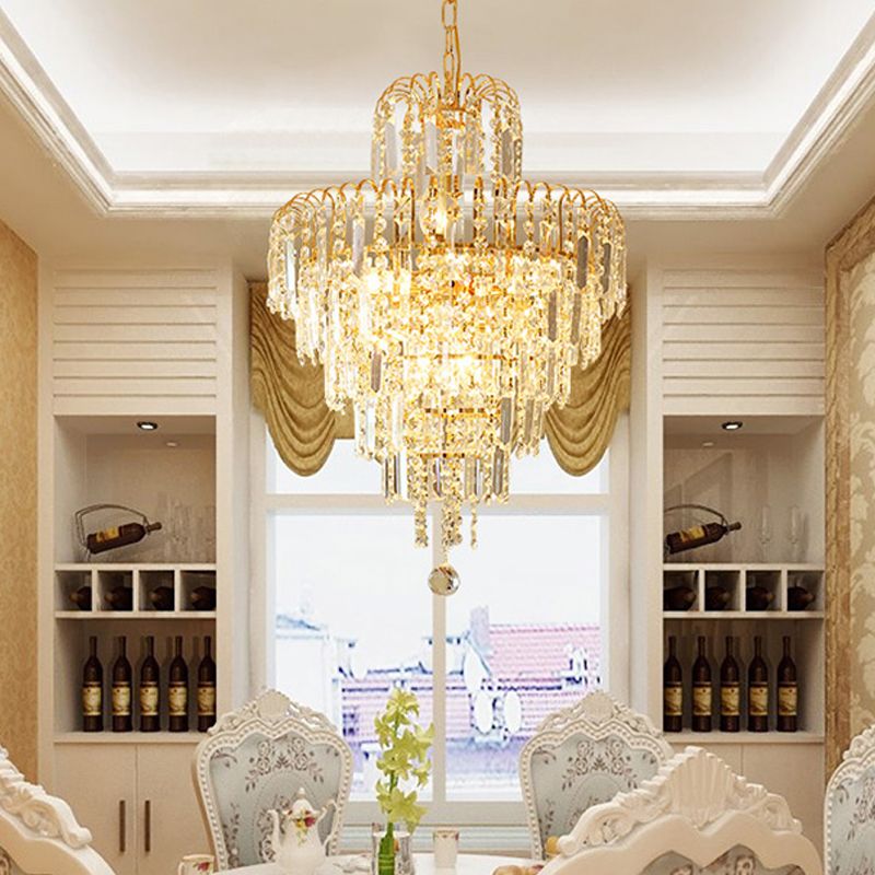 Five-Layer Tapered Crystal Chandelier — Brushed Gold Finish