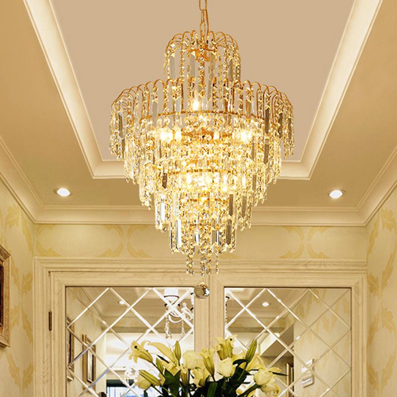 Five-Layer Tapered Crystal Chandelier — Brushed Gold Finish
