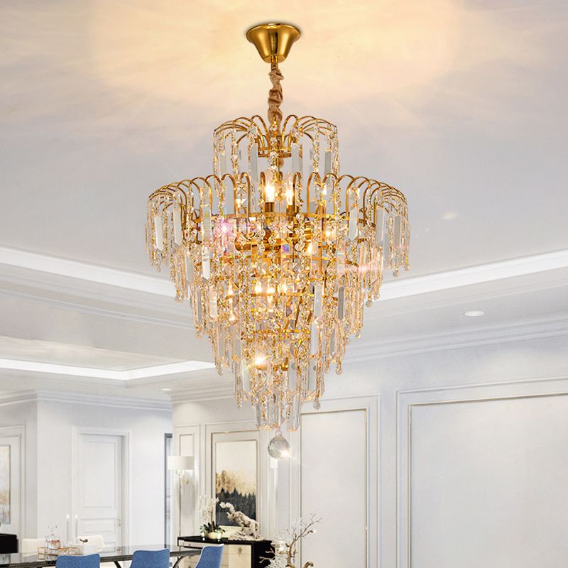 Five-Layer Tapered Crystal Chandelier — Brushed Gold Finish