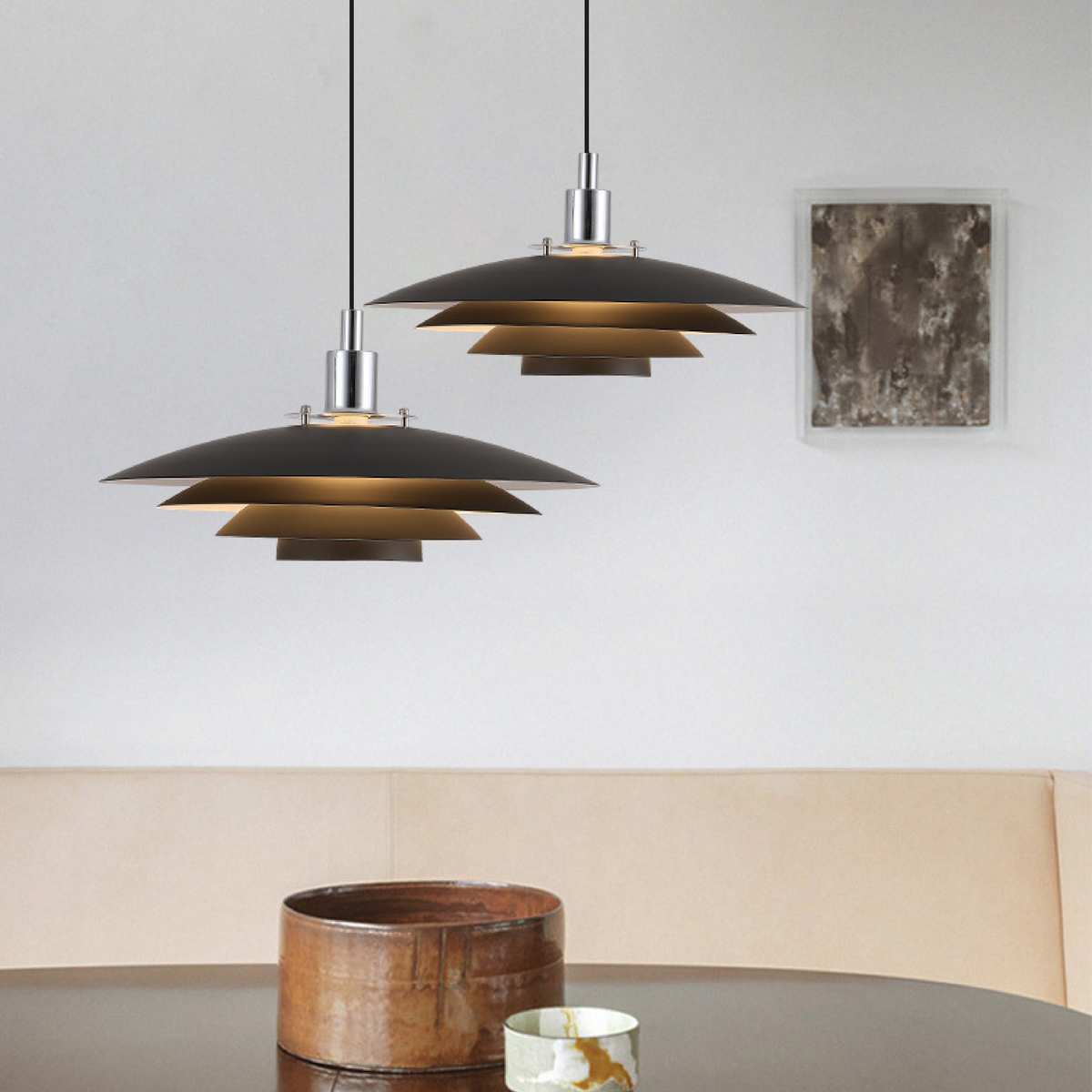 Hängeleuchte mit abgestuftem Metallschirm, 15 in, schwarz, für Kücheninsel und Esszimmer, über dem Tisch, nordisch-modern-minimalistische Deckenleuchte, verstellbar
