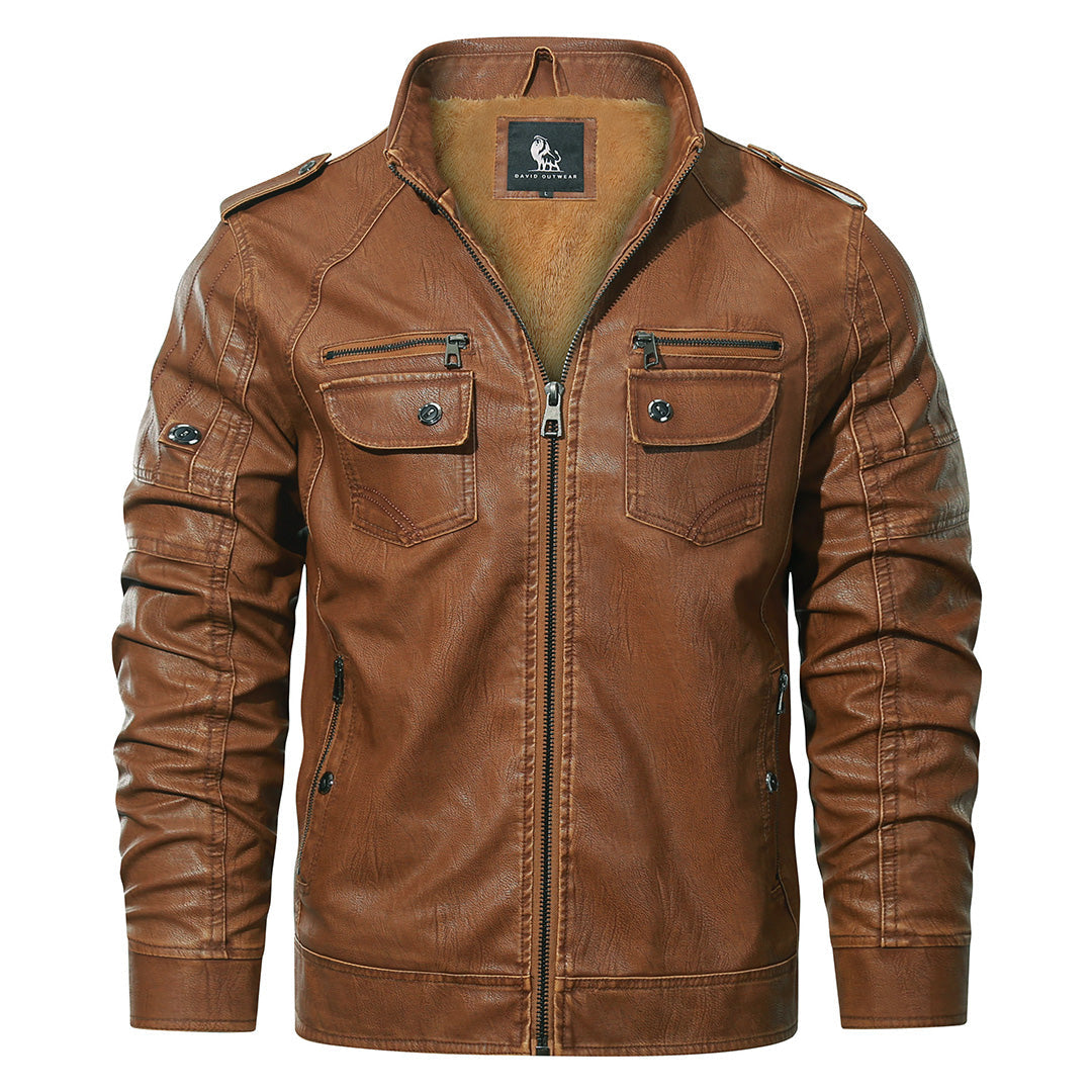 Faux Leather Moto Jacket — Fleece-Lined Water-Resistant Zip-Up