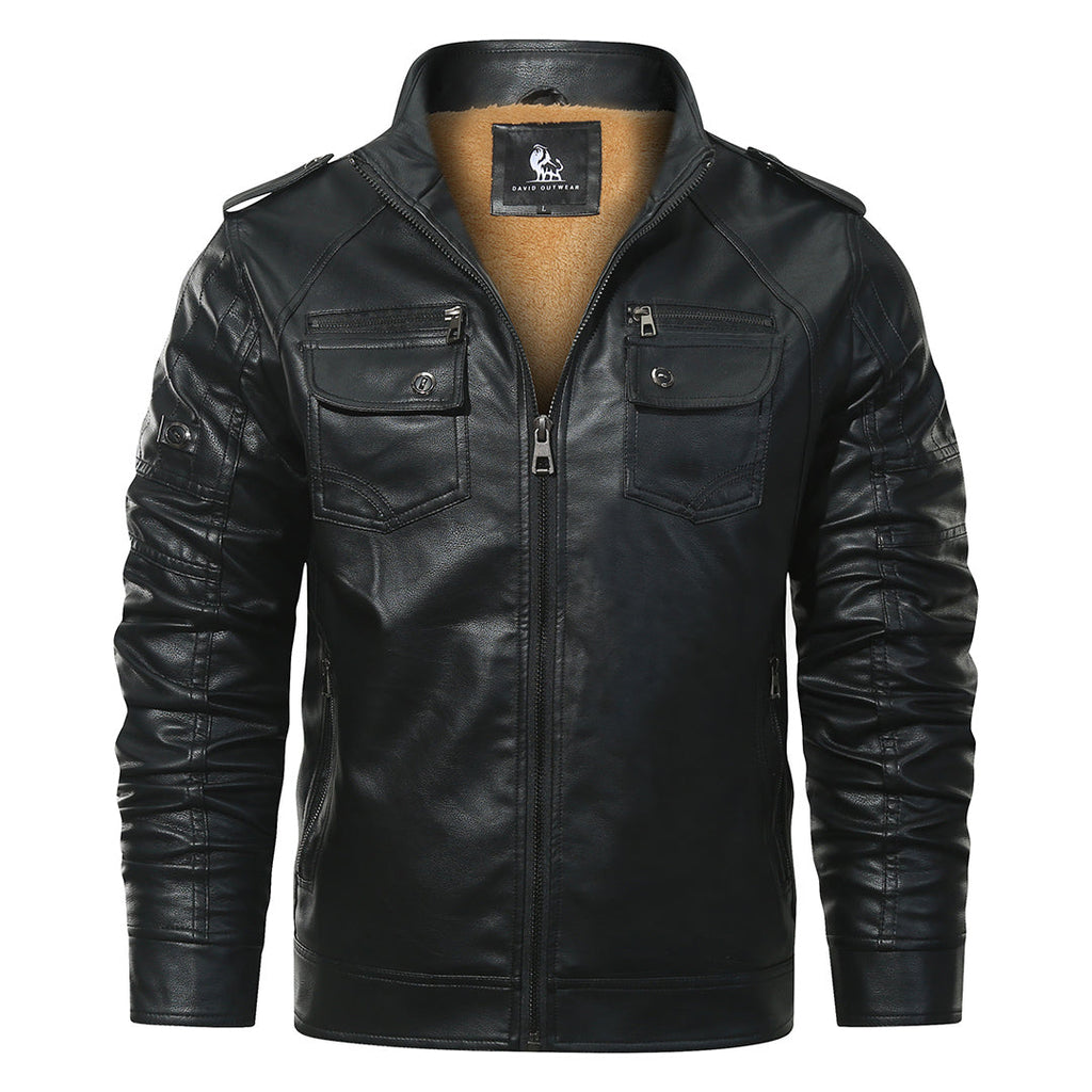 Men's Black Faux Leather Moto Jacket — Fleece-Lined, Water-Resistant
